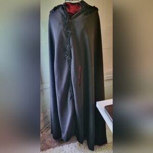 Vintage Black Cloak with Red Lining Cape With Fringe Arm Holes